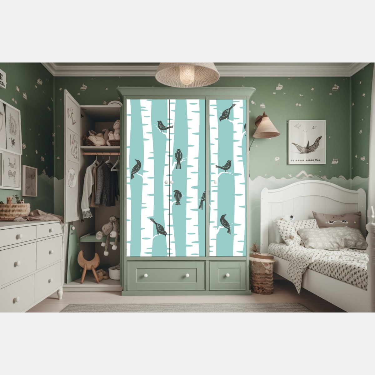 Naklejka na szafę turkusowy las brzóz z ptakami – Wallissimo® Naklejka na szafę turkusowy las brzóz z ptakami – Wallissimo®
