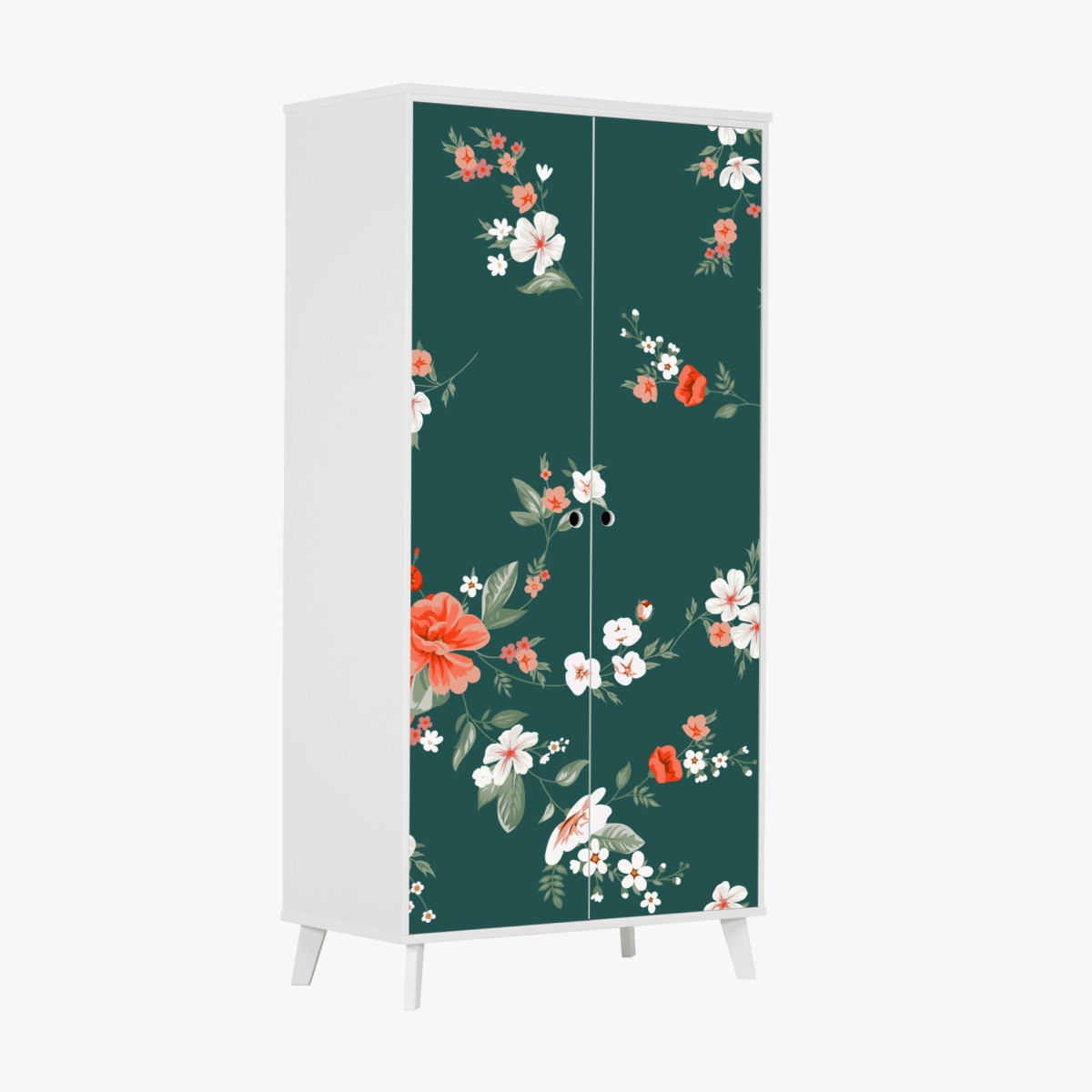 Wardrobe sticker vintage coral floral pattern on deep green background
