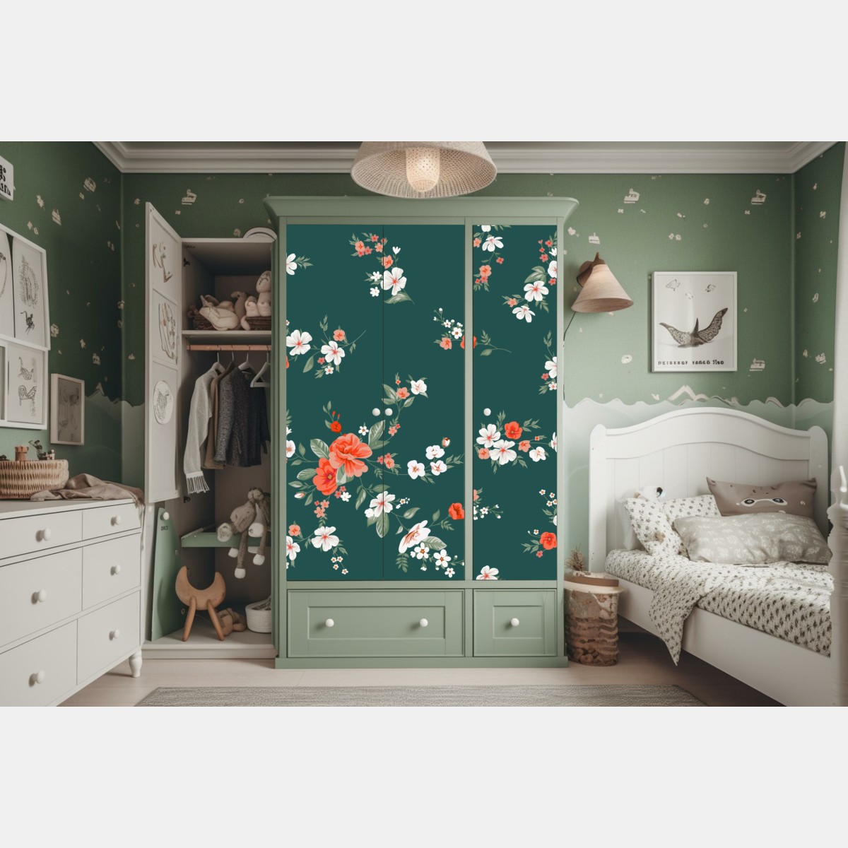 Naklejka na szafę vintage koralowy wzór kwiatowy na ciemnozielonym tle – Wallissimo® Naklejka na szafę vintage koralowy wzór kwiatowy na ciemnozielonym tle – Wallissimo®
