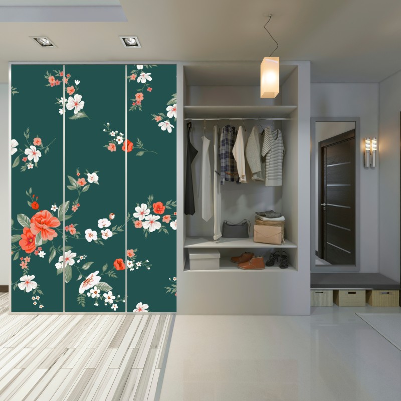 Naklejka na szafę vintage koralowy wzór kwiatowy na ciemnozielonym tle – Wallissimo® Naklejka na szafę vintage koralowy wzór kwiatowy na ciemnozielonym tle – Wallissimo®