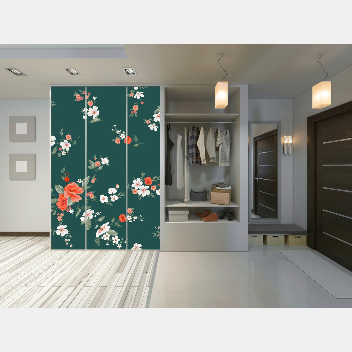 Naklejka na szafę vintage koralowy wzór kwiatowy na ciemnozielonym tle – Wallissimo® Naklejka na szafę vintage koralowy wzór kwiatowy na ciemnozielonym tle – Wallissimo®