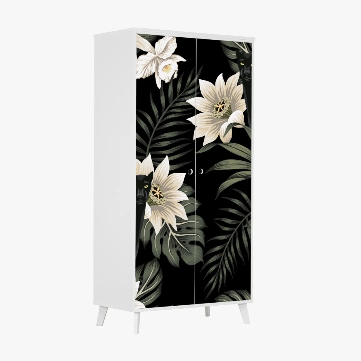 Naklejka na szafę botaniczny wzór z czarną panterą – Wallissimo® Naklejka na szafę botaniczny wzór z czarną panterą – Wallissimo®