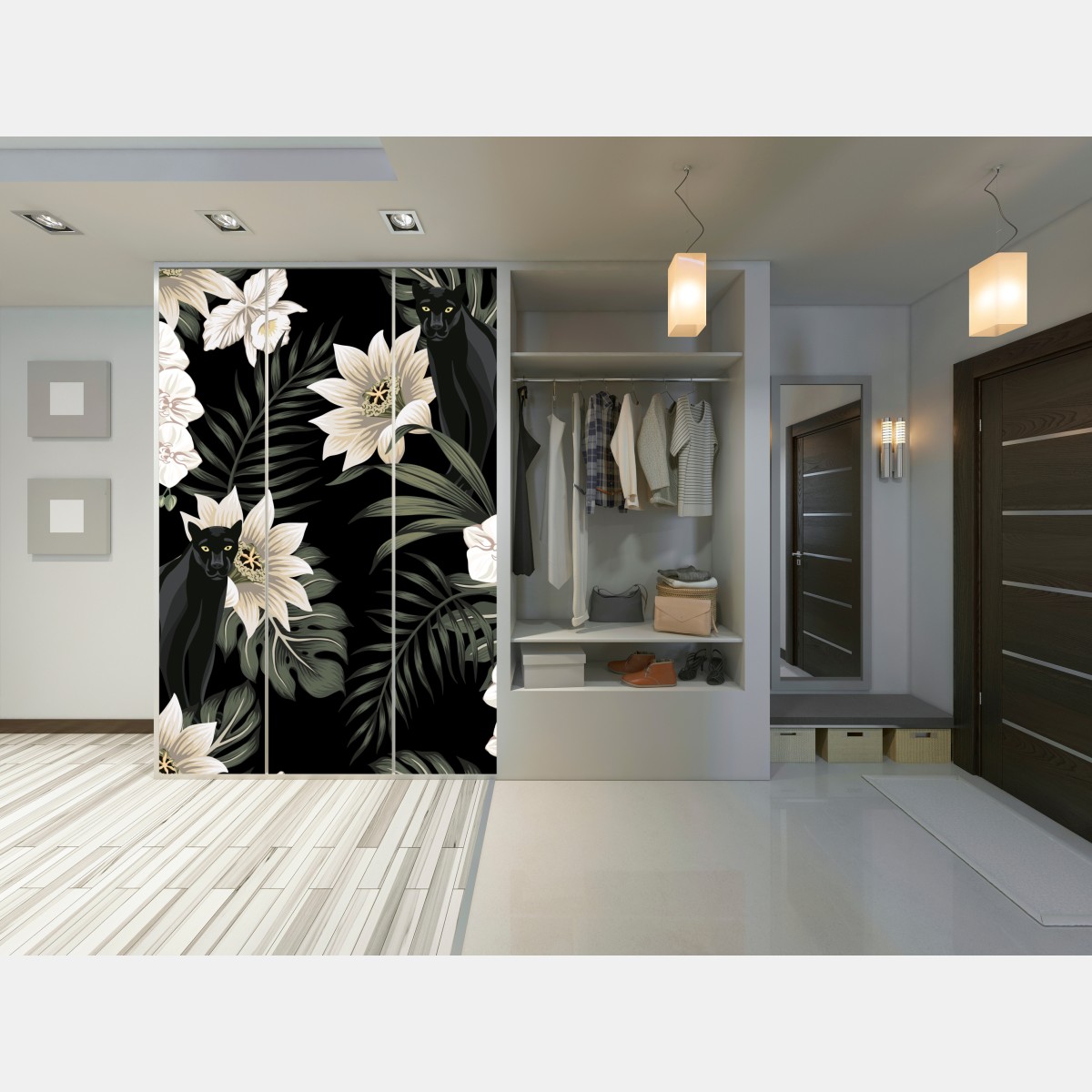 Naklejka na szafę botaniczny wzór z czarną panterą – Wallissimo® Naklejka na szafę botaniczny wzór z czarną panterą – Wallissimo®