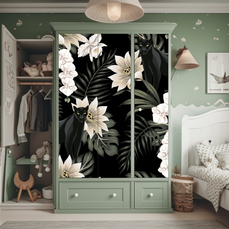 Naklejka na szafę botaniczny wzór z czarną panterą – Wallissimo® Naklejka na szafę botaniczny wzór z czarną panterą – Wallissimo®