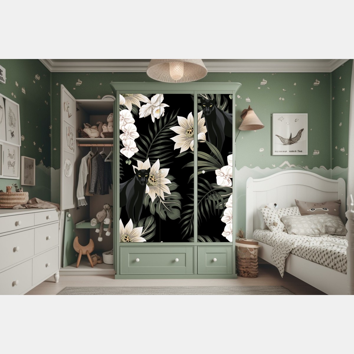 Naklejka na szafę botaniczny wzór z czarną panterą – Wallissimo® Naklejka na szafę botaniczny wzór z czarną panterą – Wallissimo®