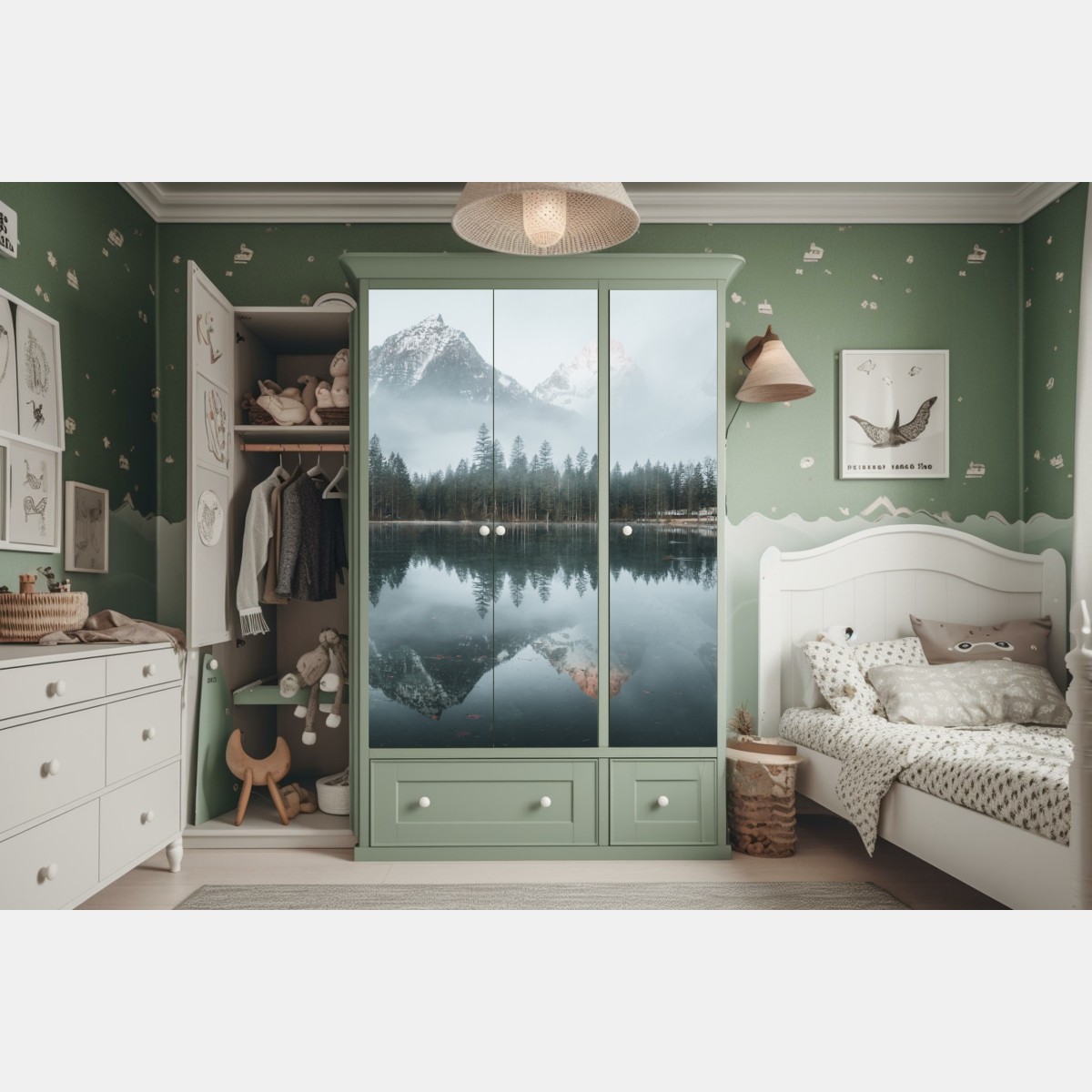 Naklejka na szafę mglista alpejska panorama nad jeziorem – Wallissimo® Naklejka na szafę mglista alpejska panorama nad jeziorem – Wallissimo®