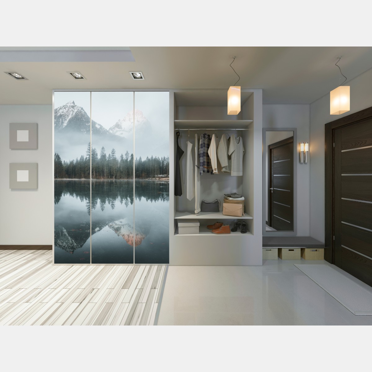 Naklejka na szafę mglista alpejska panorama nad jeziorem – Wallissimo® Naklejka na szafę mglista alpejska panorama nad jeziorem – Wallissimo®