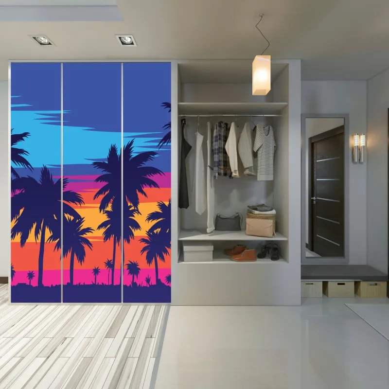 Naklejka na szafę żywy zachód słońca z palmami – Wallissimo® Naklejka na szafę żywy zachód słońca z palmami – Wallissimo®