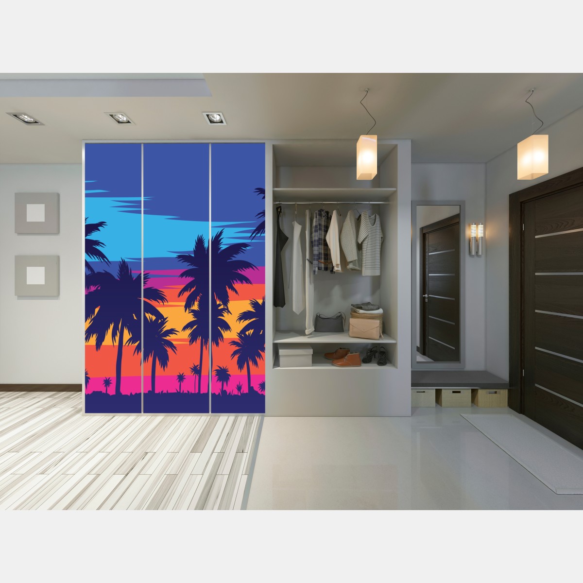 Naklejka na szafę żywy zachód słońca z palmami – Wallissimo® Naklejka na szafę żywy zachód słońca z palmami – Wallissimo®