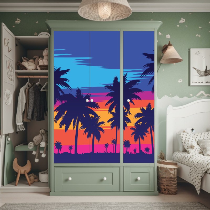 Naklejka na szafę żywy zachód słońca z palmami – Wallissimo® Naklejka na szafę żywy zachód słońca z palmami – Wallissimo®