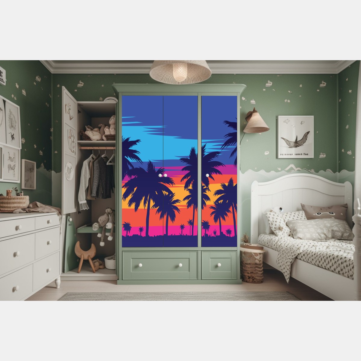 Naklejka na szafę żywy zachód słońca z palmami – Wallissimo® Naklejka na szafę żywy zachód słońca z palmami – Wallissimo®