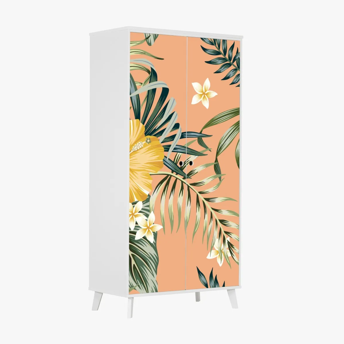 Naklejka na szafę tropikalny wzór z hibiskusem na brzoskwiniowym tle – Wallissimo® Naklejka na szafę tropikalny wzór z hibiskusem na brzoskwiniowym tle – Wallissimo®