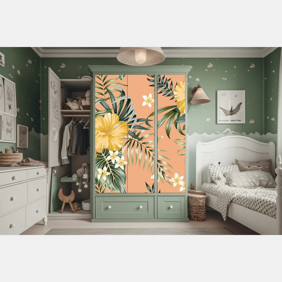 Naklejka na szafę tropikalny wzór z hibiskusem na brzoskwiniowym tle – Wallissimo® Naklejka na szafę tropikalny wzór z hibiskusem na brzoskwiniowym tle – Wallissimo®