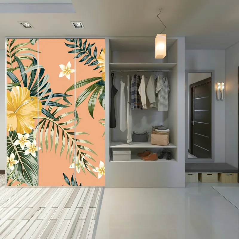 Naklejka na szafę tropikalny wzór z hibiskusem na brzoskwiniowym tle – Wallissimo® Naklejka na szafę tropikalny wzór z hibiskusem na brzoskwiniowym tle – Wallissimo®