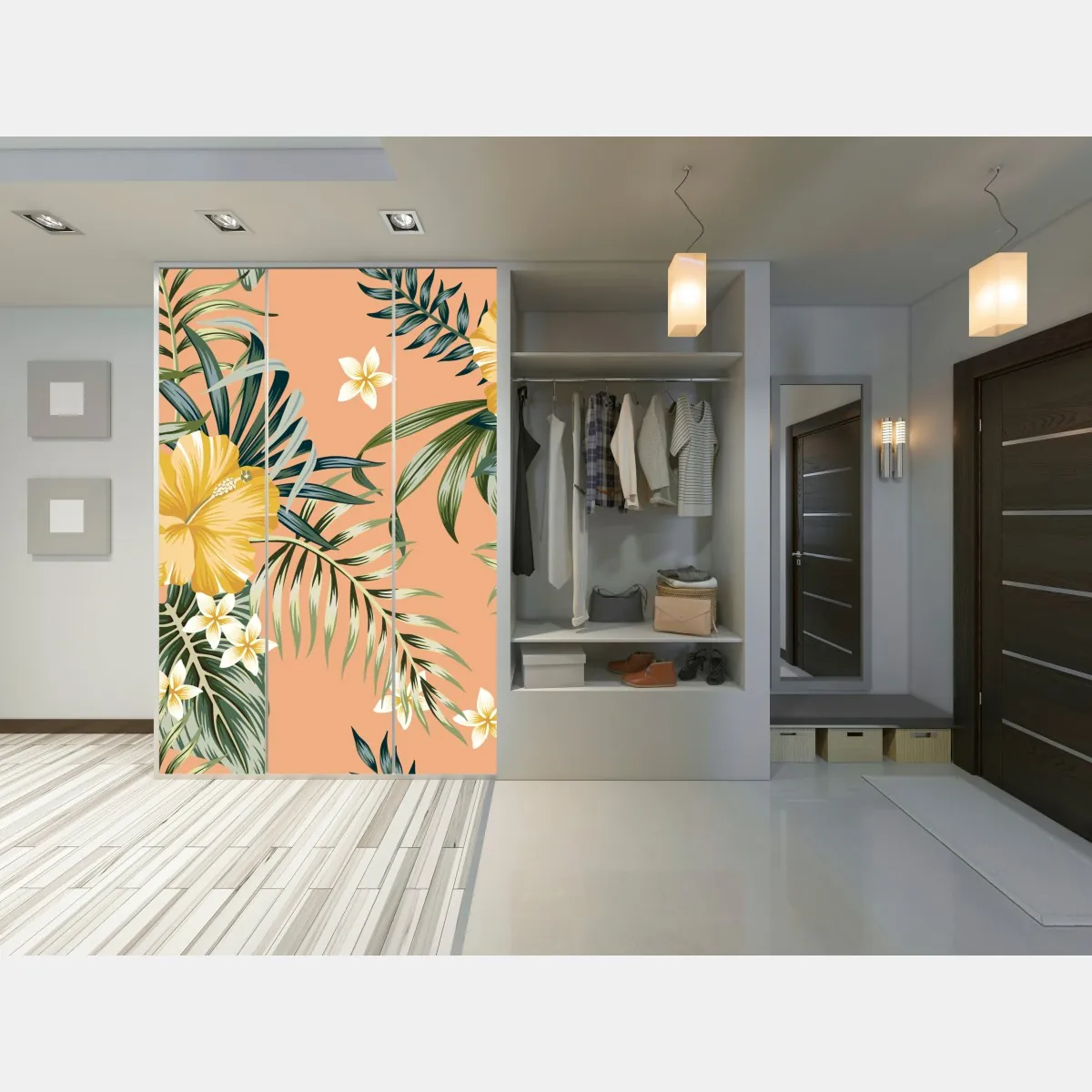 Naklejka na szafę tropikalny wzór z hibiskusem na brzoskwiniowym tle – Wallissimo® Naklejka na szafę tropikalny wzór z hibiskusem na brzoskwiniowym tle – Wallissimo®