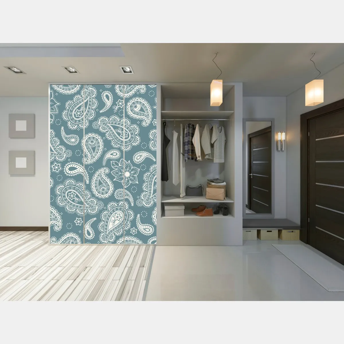 Naklejka na szafę morski wzór paisley z kwiatowymi motywami – Wallissimo® Naklejka na szafę morski wzór paisley z kwiatowymi motywami – Wallissimo®