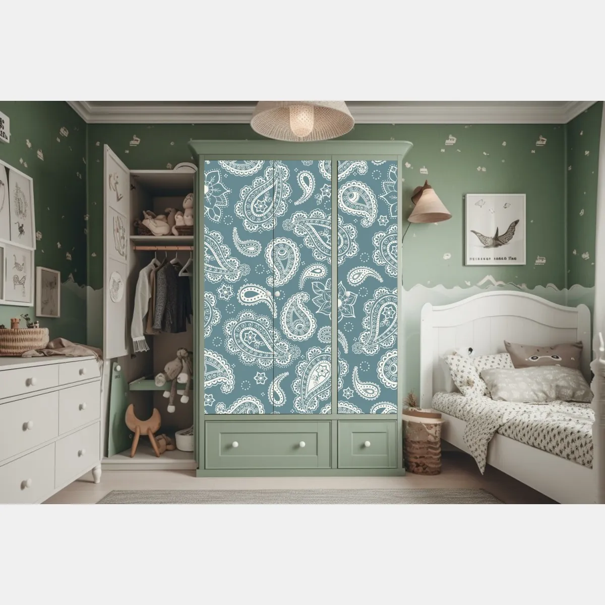 Naklejka na szafę morski wzór paisley z kwiatowymi motywami – Wallissimo® Naklejka na szafę morski wzór paisley z kwiatowymi motywami – Wallissimo®