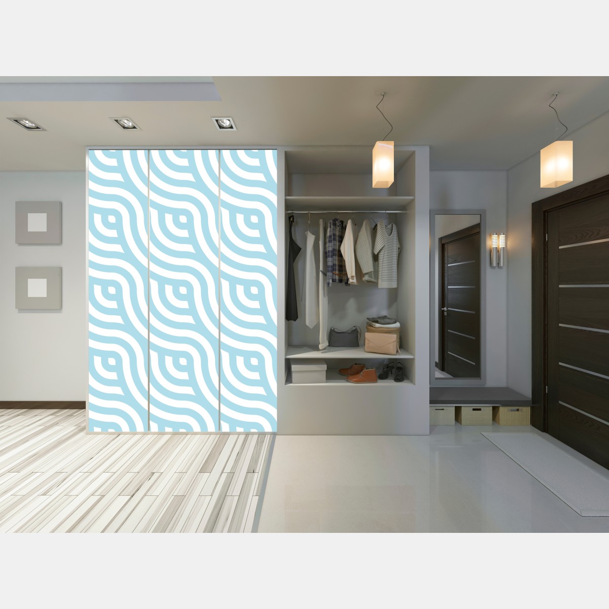 Naklejka na szafę miękki turkusowy geometryczny wzór fal – Wallissimo® Naklejka na szafę miękki turkusowy geometryczny wzór fal – Wallissimo®