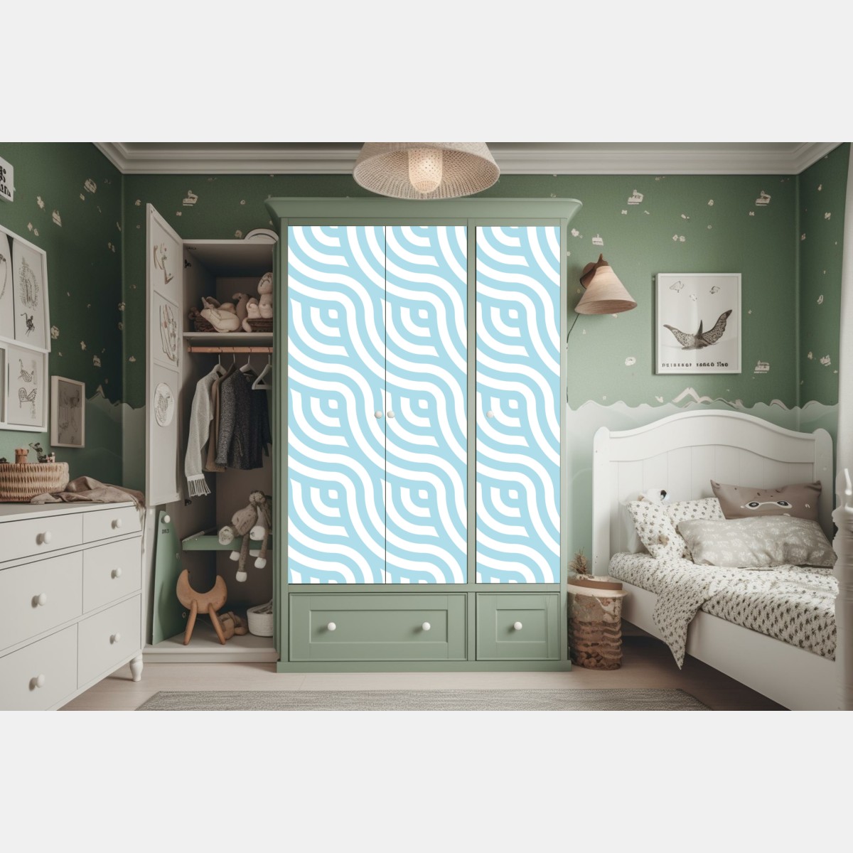 Naklejka na szafę miękki turkusowy geometryczny wzór fal – Wallissimo® Naklejka na szafę miękki turkusowy geometryczny wzór fal – Wallissimo®