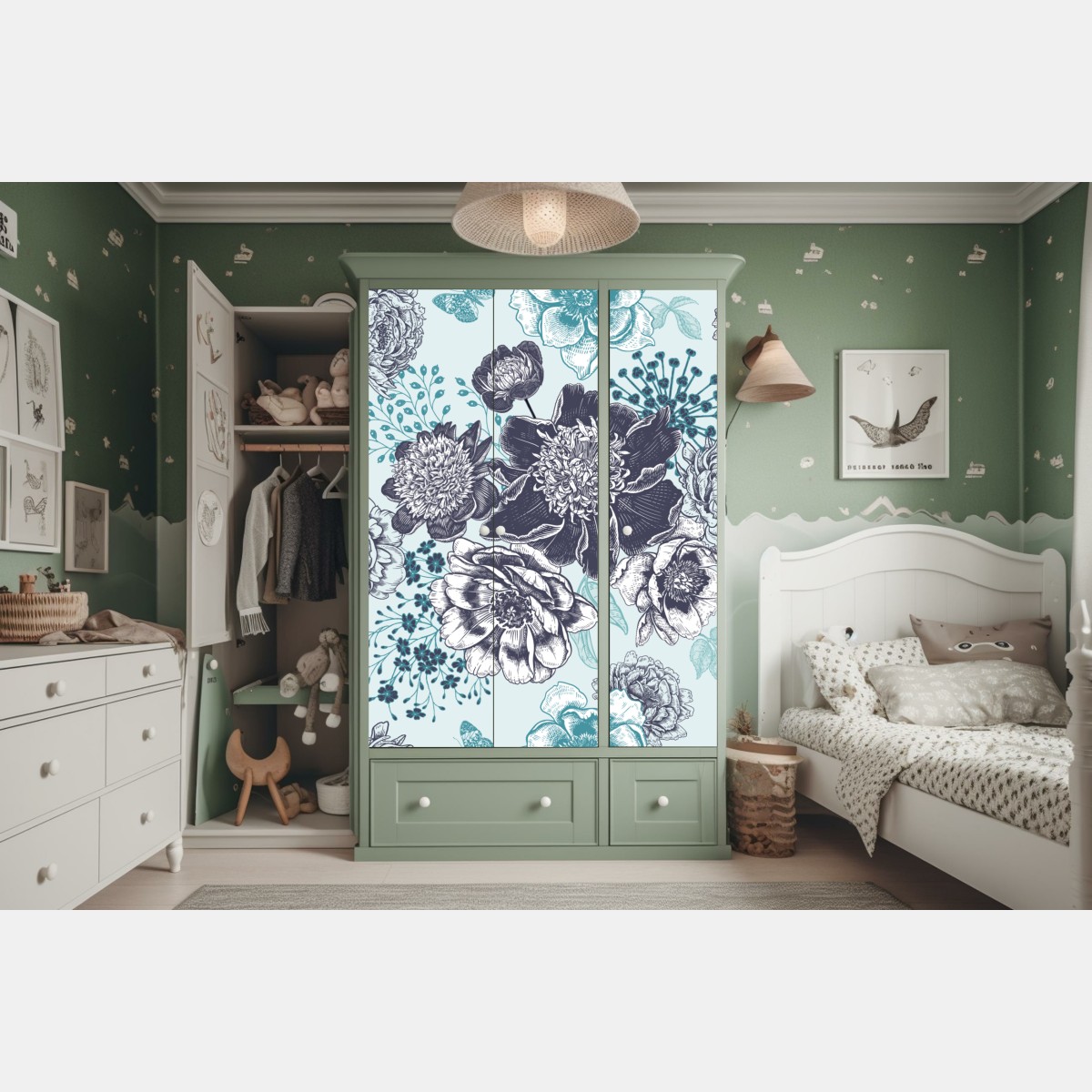 Naklejka na szafę kwiatowy wzór peonii w odcieniach turkusu i granatu – Wallissimo® Naklejka na szafę kwiatowy wzór peonii w odcieniach turkusu i granatu – Wallissimo®