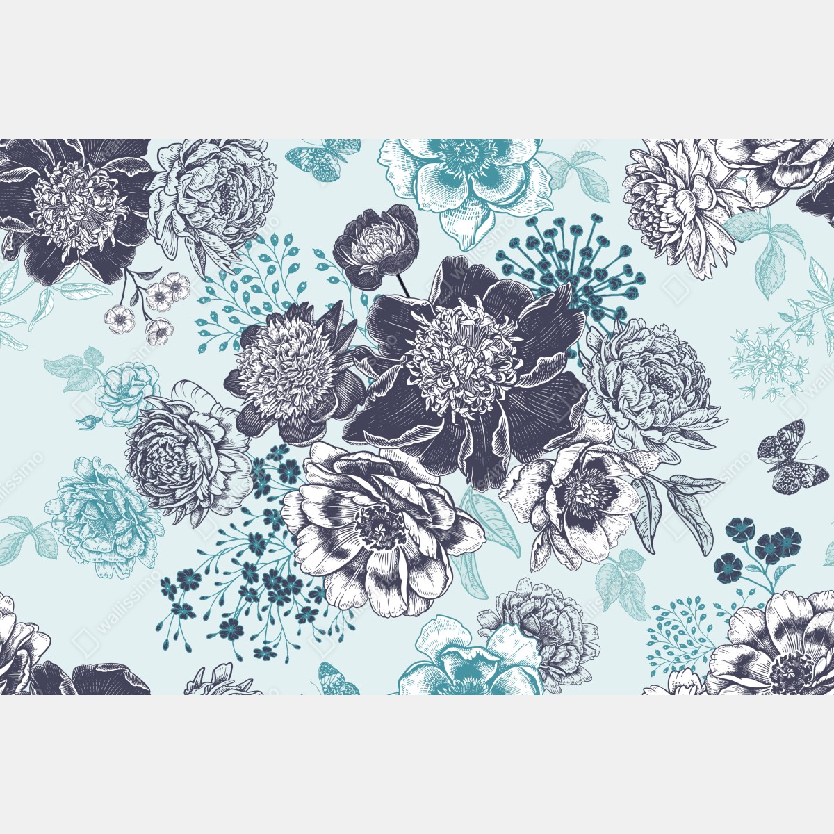 Naklejka na szafę kwiatowy wzór peonii w odcieniach turkusu i granatu – Wallissimo® Naklejka na szafę kwiatowy wzór peonii w odcieniach turkusu i granatu – Wallissimo®