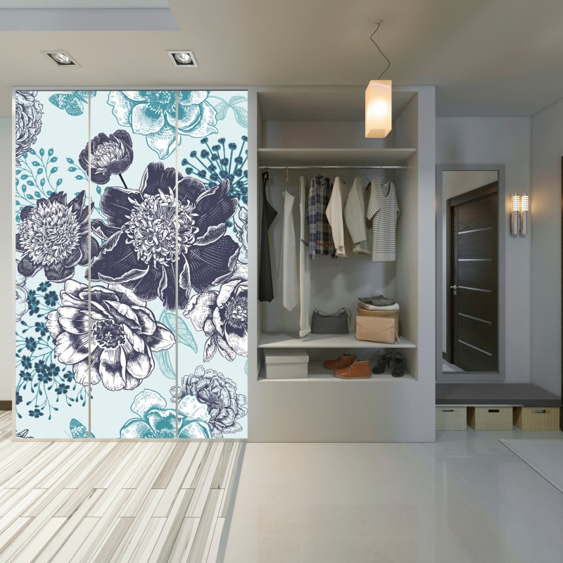 Naklejka na szafę kwiatowy wzór peonii w odcieniach turkusu i granatu – Wallissimo® Naklejka na szafę kwiatowy wzór peonii w odcieniach turkusu i granatu – Wallissimo®