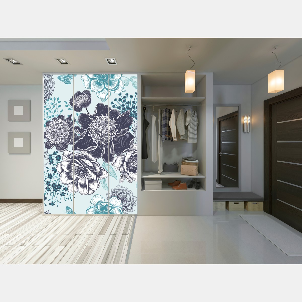 Naklejka na szafę kwiatowy wzór peonii w odcieniach turkusu i granatu – Wallissimo® Naklejka na szafę kwiatowy wzór peonii w odcieniach turkusu i granatu – Wallissimo®