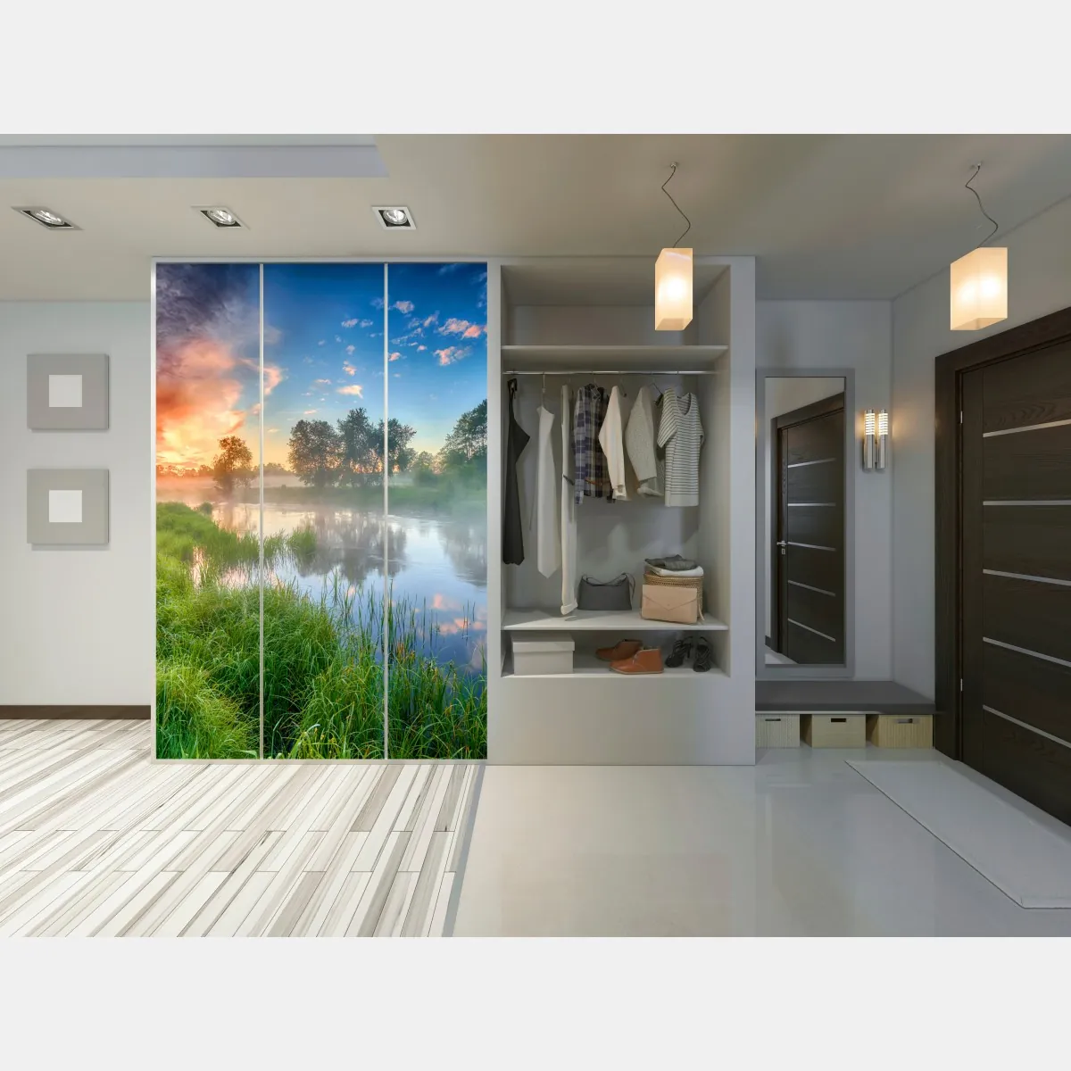 Naklejka na szafę mgła o świcie nad brzegiem rzeki – Wallissimo® Naklejka na szafę mgła o świcie nad brzegiem rzeki – Wallissimo®