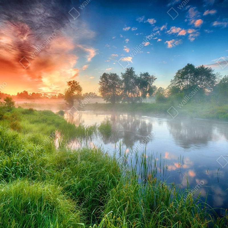 Naklejka na szafę mgła o świcie nad brzegiem rzeki – Wallissimo® Naklejka na szafę mgła o świcie nad brzegiem rzeki – Wallissimo®