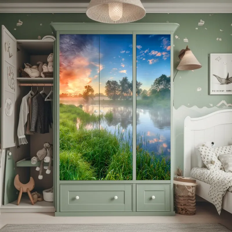 Naklejka na szafę mgła o świcie nad brzegiem rzeki – Wallissimo® Naklejka na szafę mgła o świcie nad brzegiem rzeki – Wallissimo®