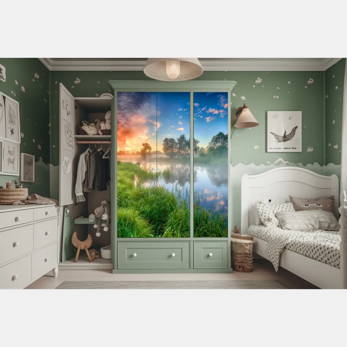 Naklejka na szafę mgła o świcie nad brzegiem rzeki – Wallissimo® Naklejka na szafę mgła o świcie nad brzegiem rzeki – Wallissimo®