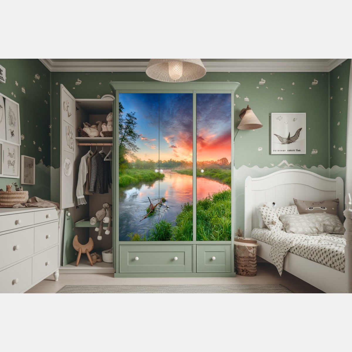 Naklejka na szafę wschód słońca nad mglistą rzeką – Wallissimo® Naklejka na szafę wschód słońca nad mglistą rzeką – Wallissimo®