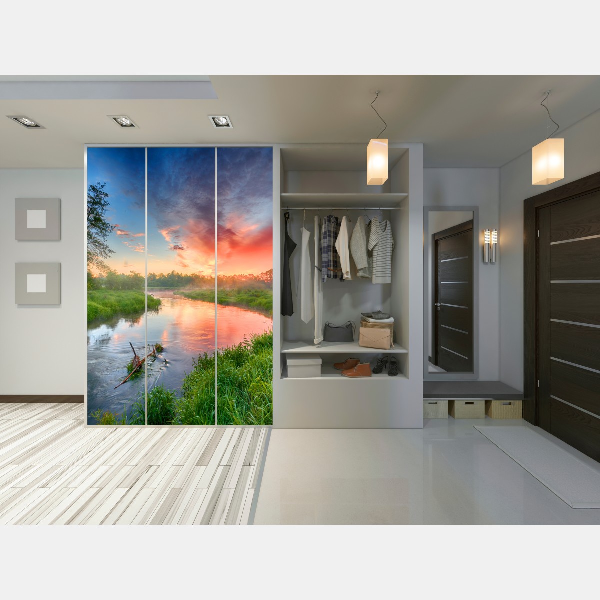 Naklejka na szafę wschód słońca nad mglistą rzeką – Wallissimo® Naklejka na szafę wschód słońca nad mglistą rzeką – Wallissimo®