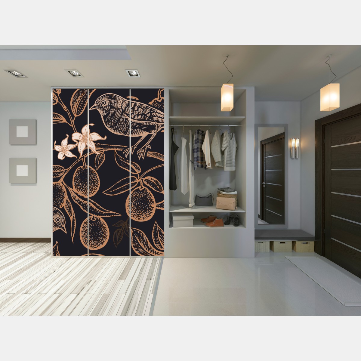 Naklejka na szafę vintage wzór ptaków i cytrusów – Wallissimo® Naklejka na szafę vintage wzór ptaków i cytrusów – Wallissimo®