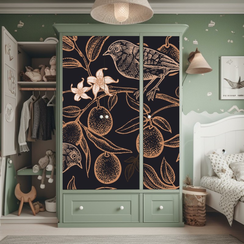 Naklejka na szafę vintage wzór ptaków i cytrusów – Wallissimo® Naklejka na szafę vintage wzór ptaków i cytrusów – Wallissimo®