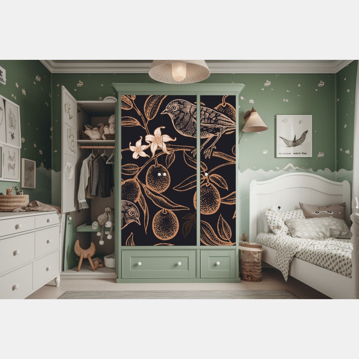 Naklejka na szafę vintage wzór ptaków i cytrusów – Wallissimo® Naklejka na szafę vintage wzór ptaków i cytrusów – Wallissimo®