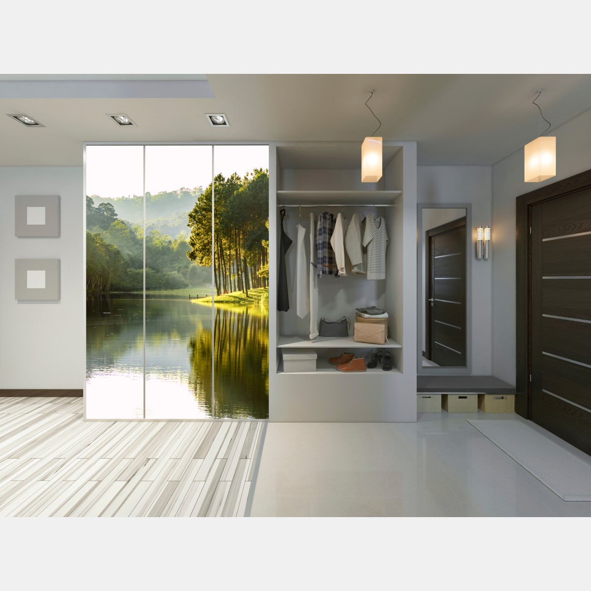 Naklejka na szafę spokojny las sosnowy nad cichym jeziorem – Wallissimo® Naklejka na szafę spokojny las sosnowy nad cichym jeziorem – Wallissimo®