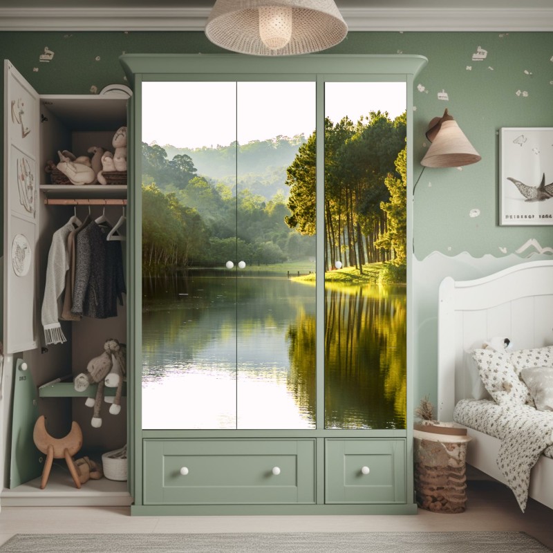 Naklejka na szafę spokojny las sosnowy nad cichym jeziorem – Wallissimo® Naklejka na szafę spokojny las sosnowy nad cichym jeziorem – Wallissimo®