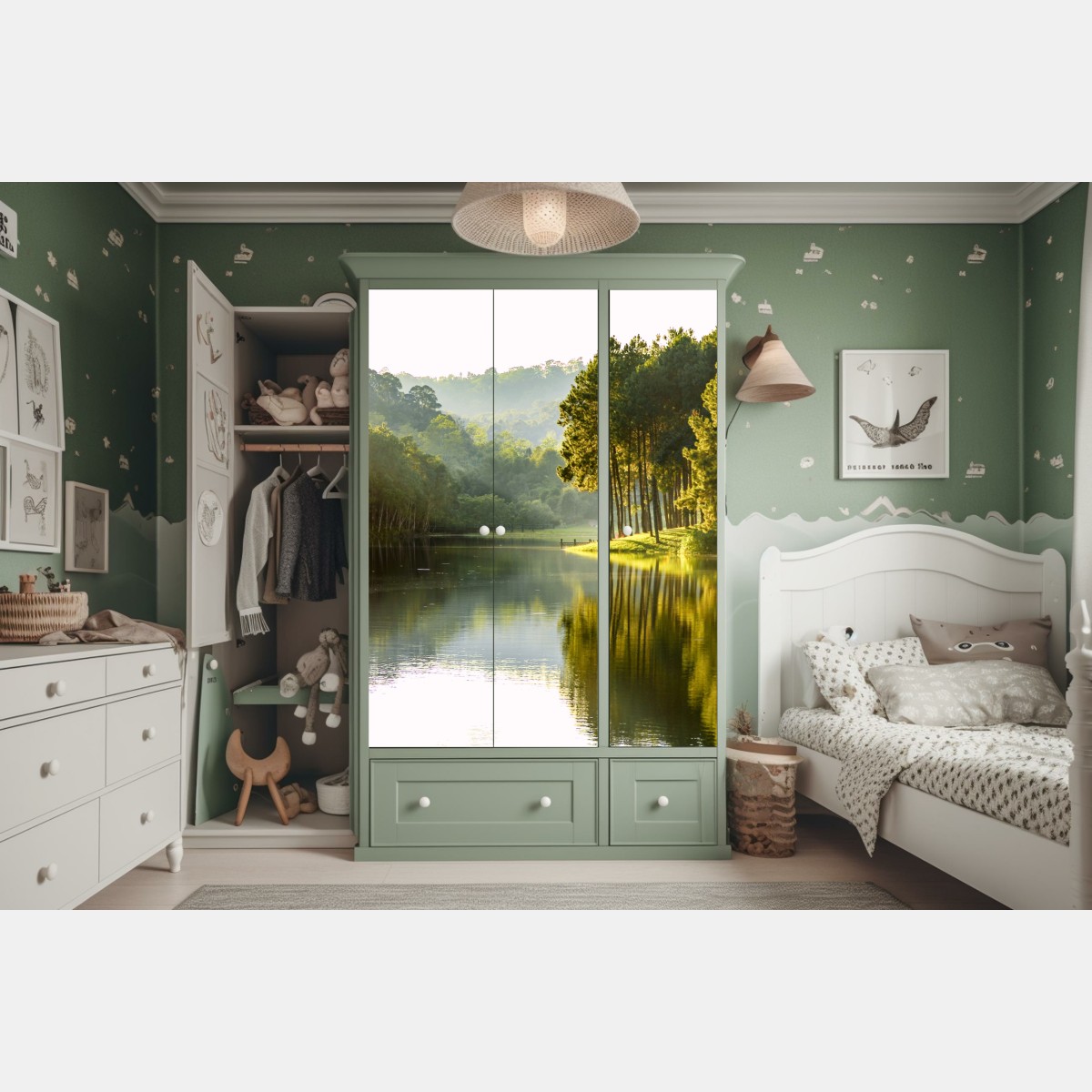 Naklejka na szafę spokojny las sosnowy nad cichym jeziorem – Wallissimo® Naklejka na szafę spokojny las sosnowy nad cichym jeziorem – Wallissimo®