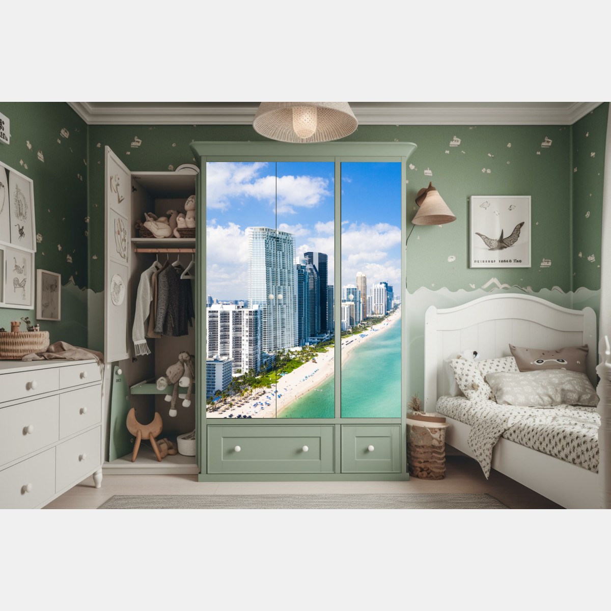 Naklejka na szafę turkusowa linia brzegowa z wieżowcami – Wallissimo® Naklejka na szafę turkusowa linia brzegowa z wieżowcami – Wallissimo®