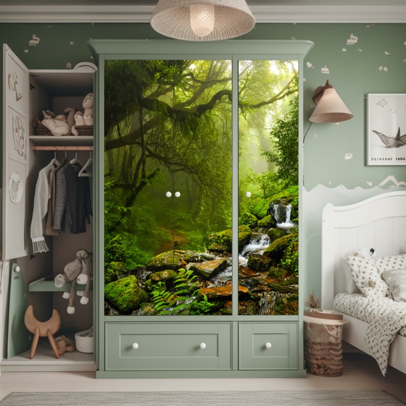 Naklejka na szafę bujny mglisty leśny wodospad – Wallissimo® Naklejka na szafę bujny mglisty leśny wodospad – Wallissimo®