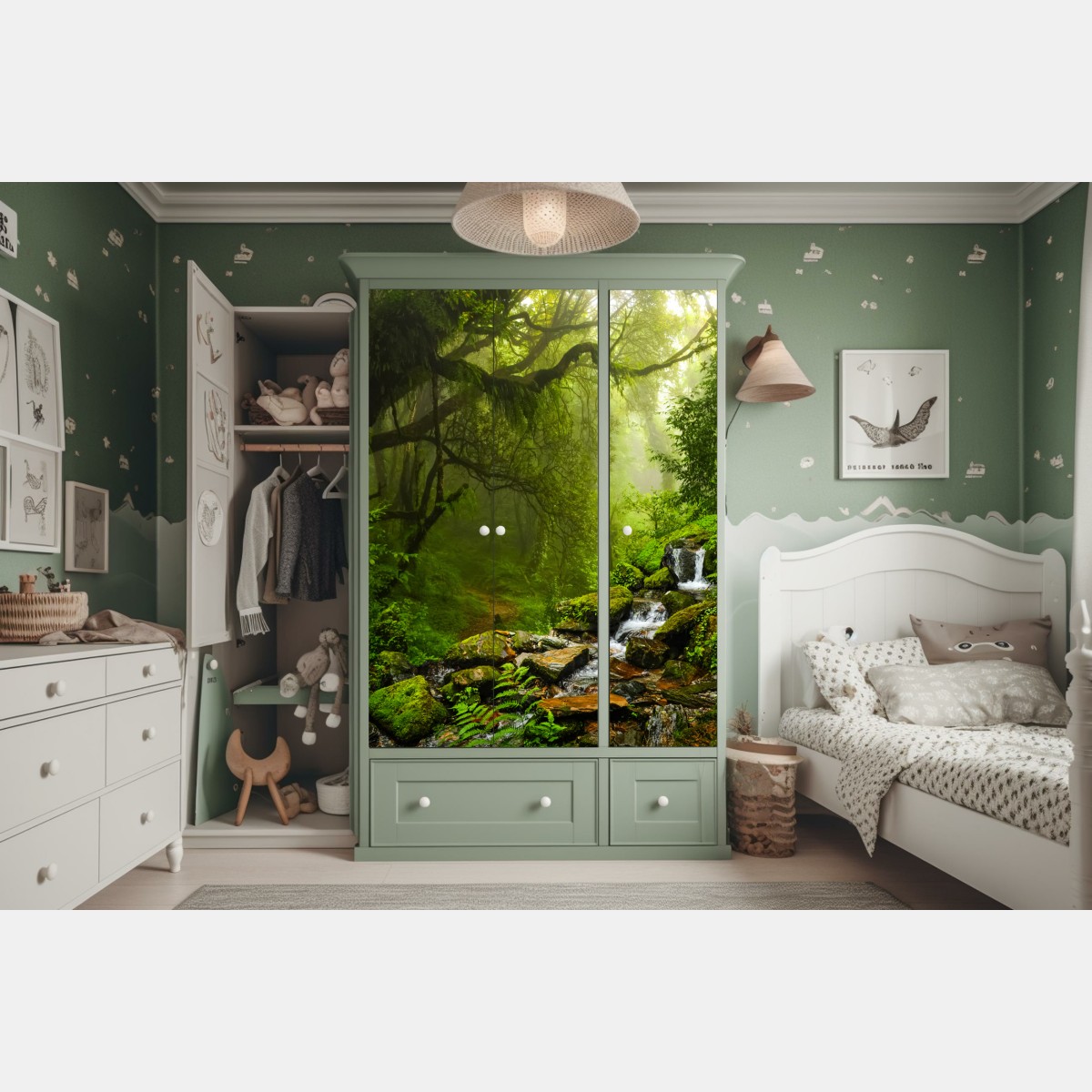 Naklejka na szafę bujny mglisty leśny wodospad – Wallissimo® Naklejka na szafę bujny mglisty leśny wodospad – Wallissimo®