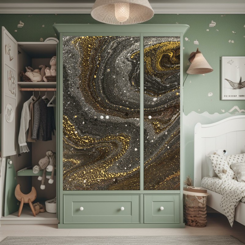 Naklejka na szafę złoto-czarny marmurowy wir abstrakcyjny – Wallissimo® Naklejka na szafę złoto-czarny marmurowy wir abstrakcyjny – Wallissimo®