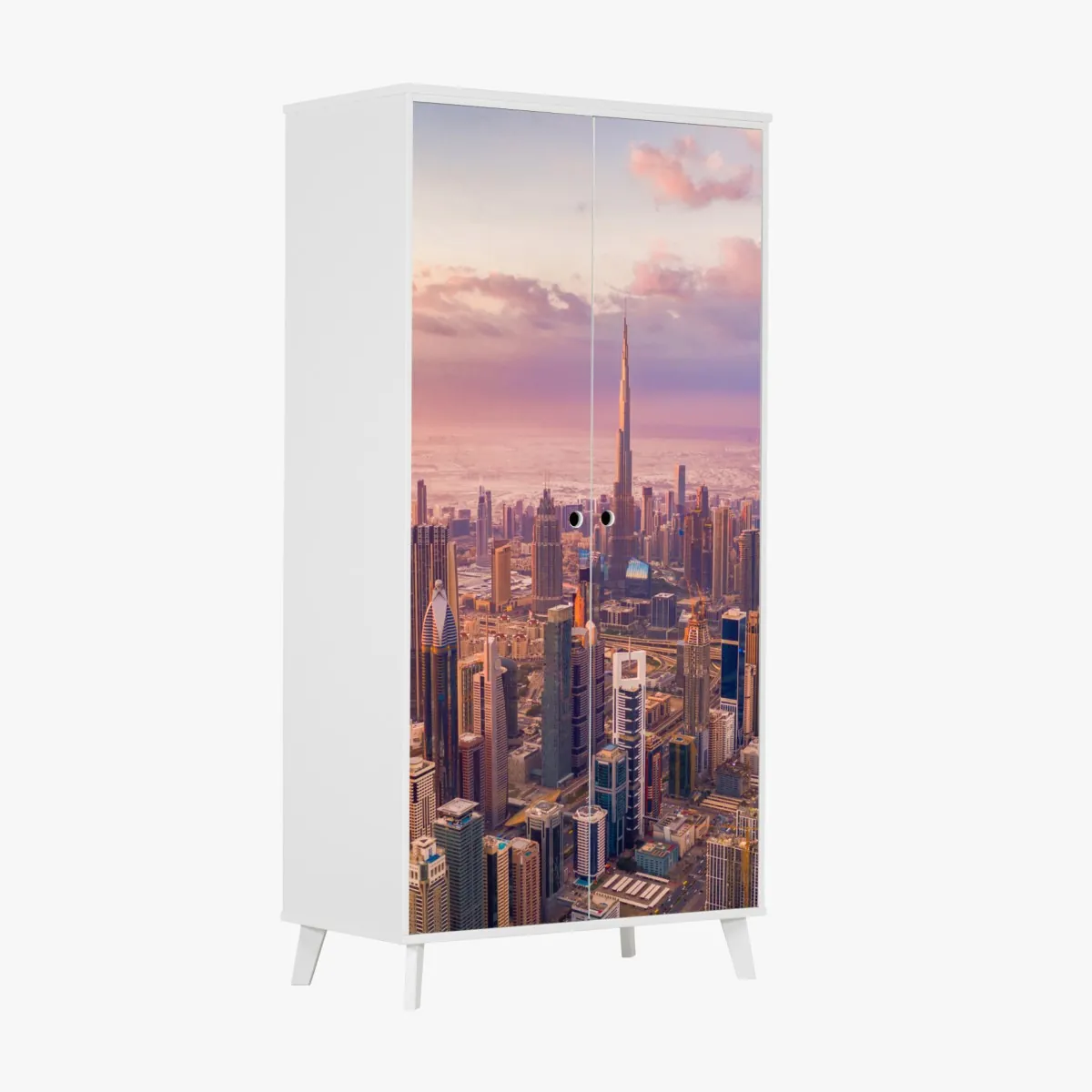 Naklejka na szafę zachód słońca nad panoramą Dubaju z Burj Khalifa – Wallissimo® Naklejka na szafę zachód słońca nad panoramą Dubaju z Burj Khalifa – Wallissimo®