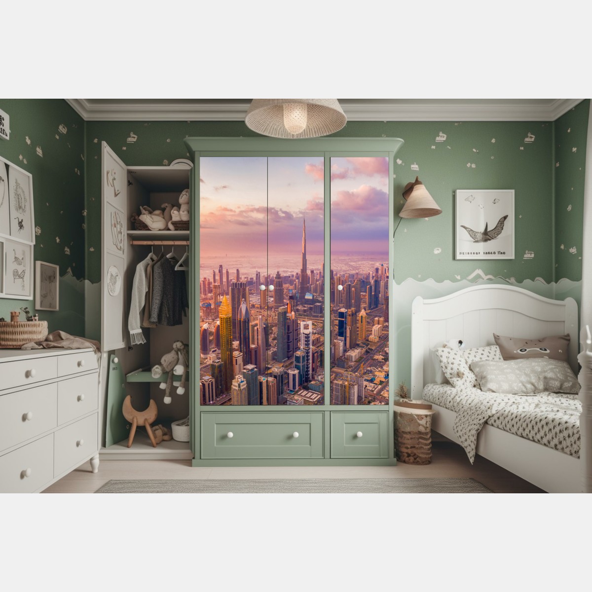 Naklejka na szafę zachód słońca nad panoramą Dubaju z Burj Khalifa – Wallissimo® Naklejka na szafę zachód słońca nad panoramą Dubaju z Burj Khalifa – Wallissimo®