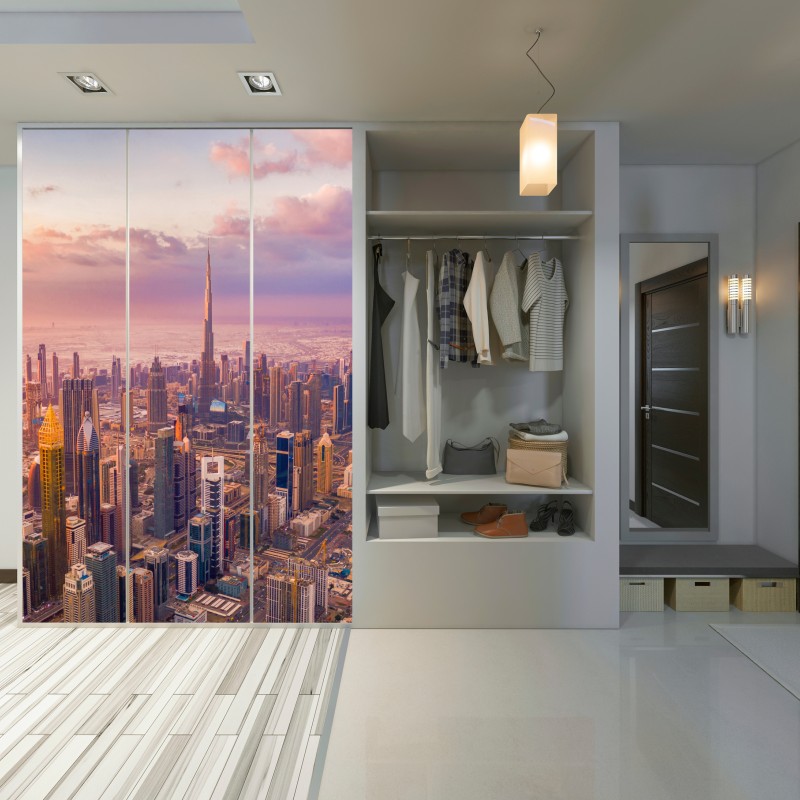 Naklejka na szafę zachód słońca nad panoramą Dubaju z Burj Khalifa – Wallissimo® Naklejka na szafę zachód słońca nad panoramą Dubaju z Burj Khalifa – Wallissimo®