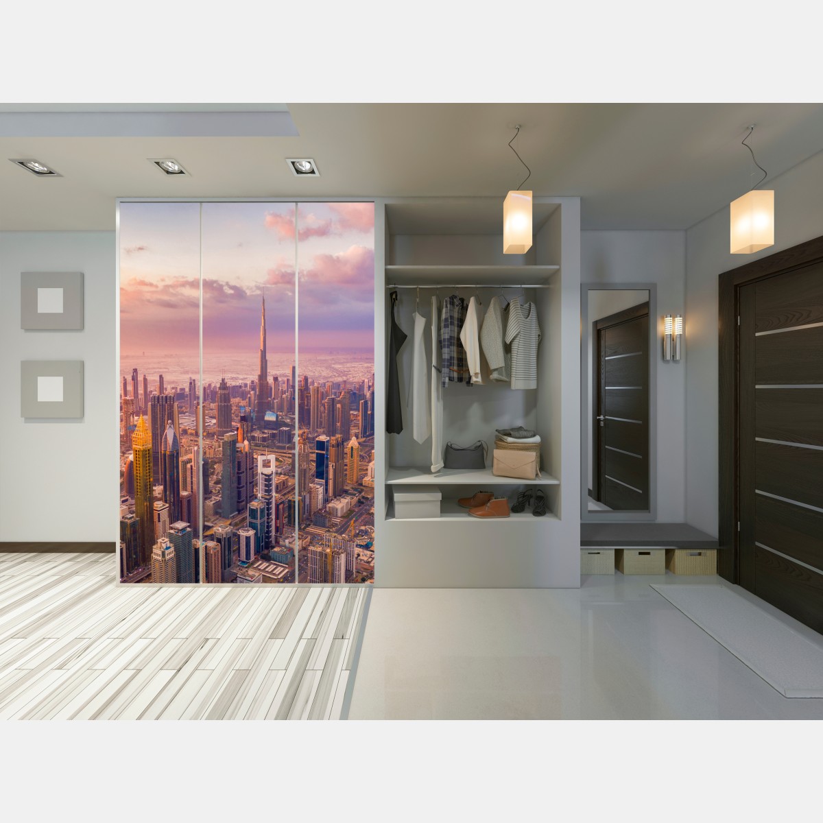 Naklejka na szafę zachód słońca nad panoramą Dubaju z Burj Khalifa – Wallissimo® Naklejka na szafę zachód słońca nad panoramą Dubaju z Burj Khalifa – Wallissimo®