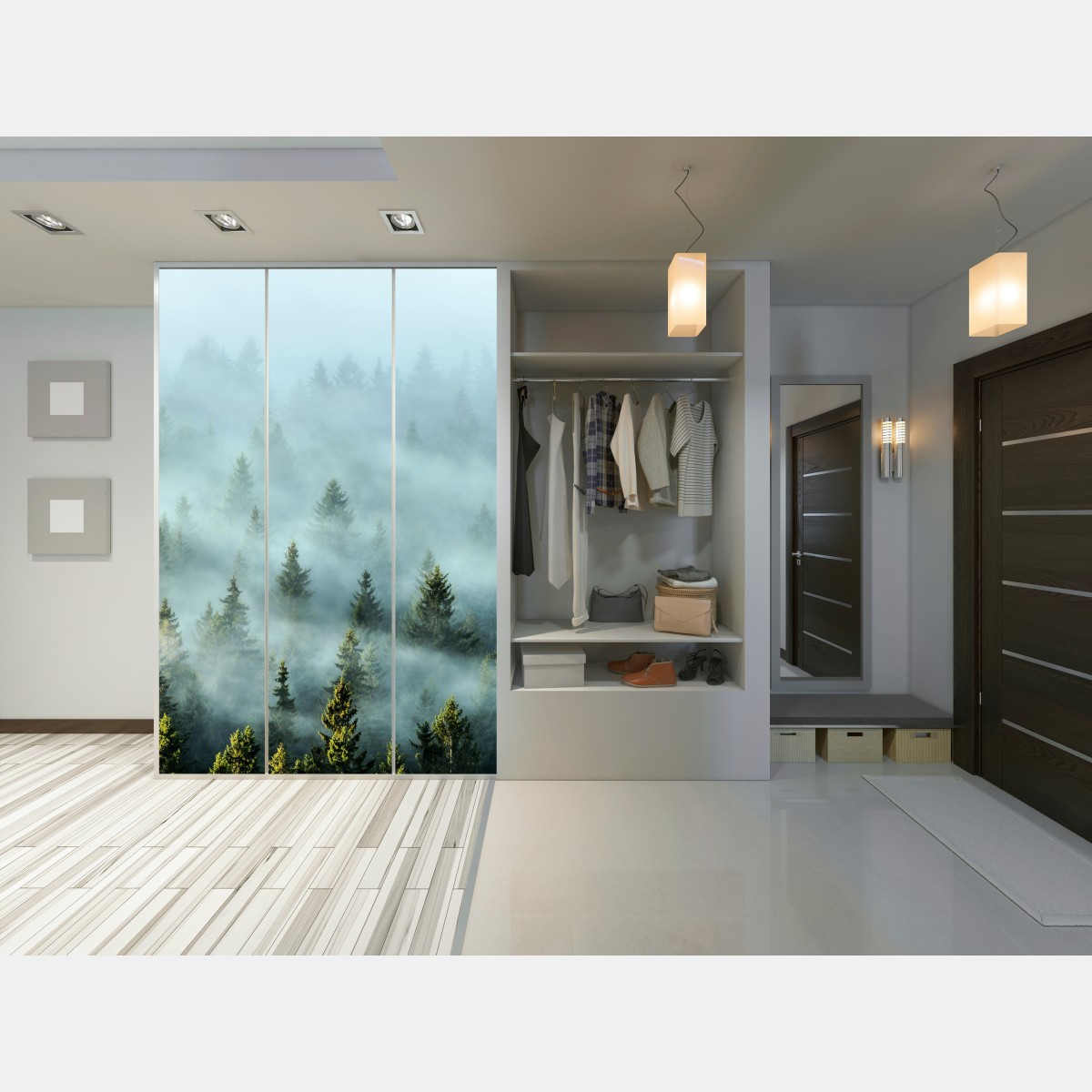 Naklejka na szafę mglisty las jodłowy o poranku – Wallissimo® Naklejka na szafę mglisty las jodłowy o poranku – Wallissimo®