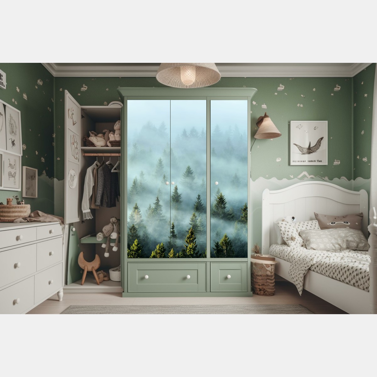 Naklejka na szafę mglisty las jodłowy o poranku – Wallissimo® Naklejka na szafę mglisty las jodłowy o poranku – Wallissimo®