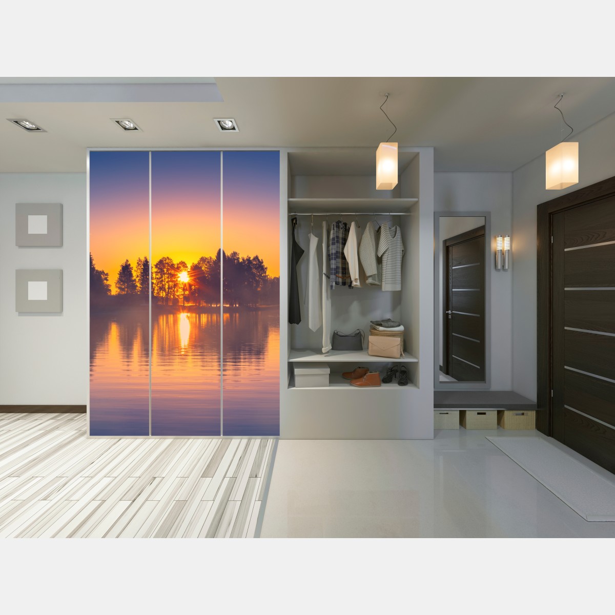 Naklejka na szafę mglisty zachód słońca nad jeziorem – Wallissimo® Naklejka na szafę mglisty zachód słońca nad jeziorem – Wallissimo®